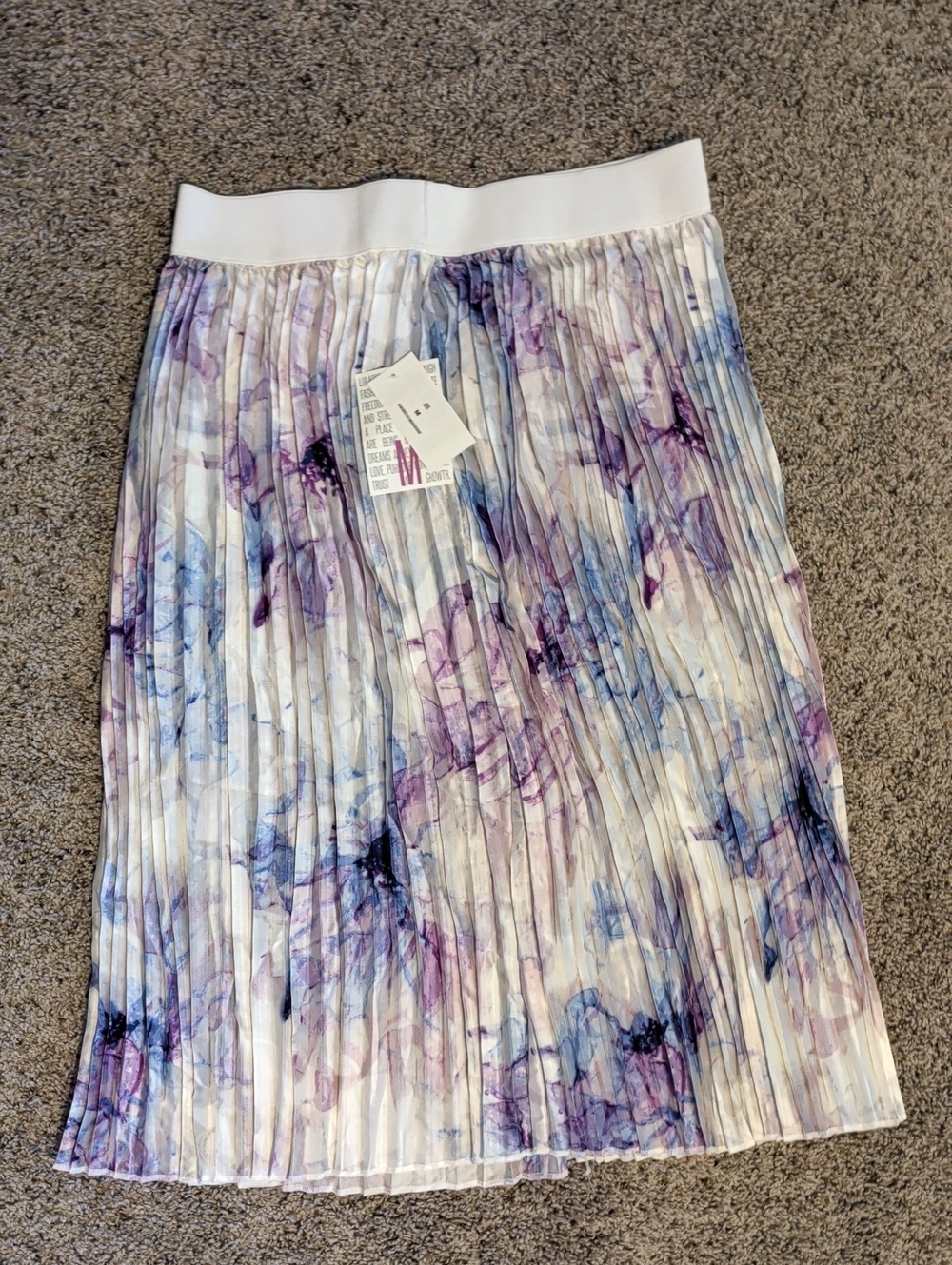 LuLaRoe Pleated Midi Skirt — White with Purple & Blue Floral Wash
